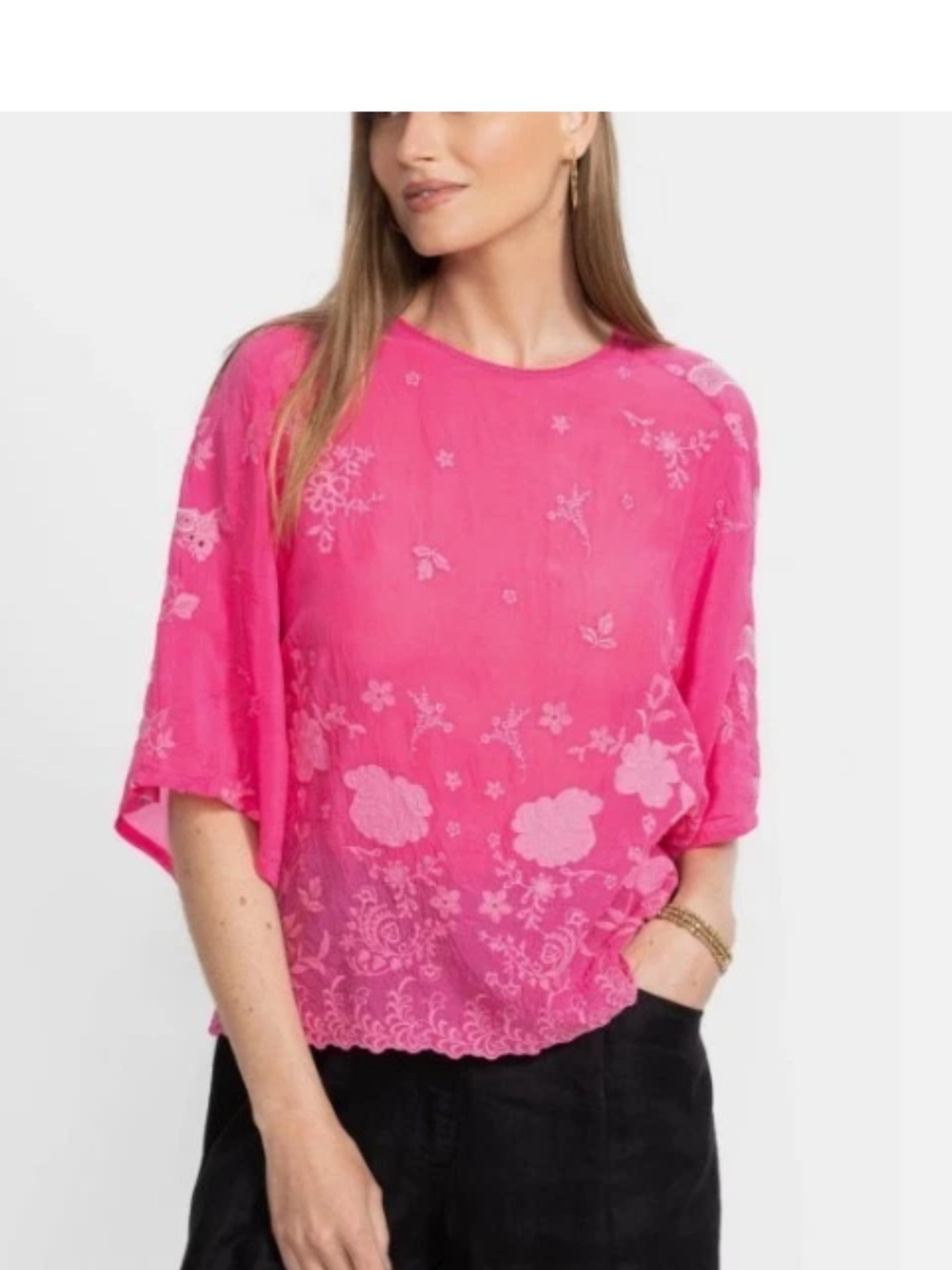 New Sz L Johnny Was Jonet Ferara Hot Pink Floral Embroidered Blouse